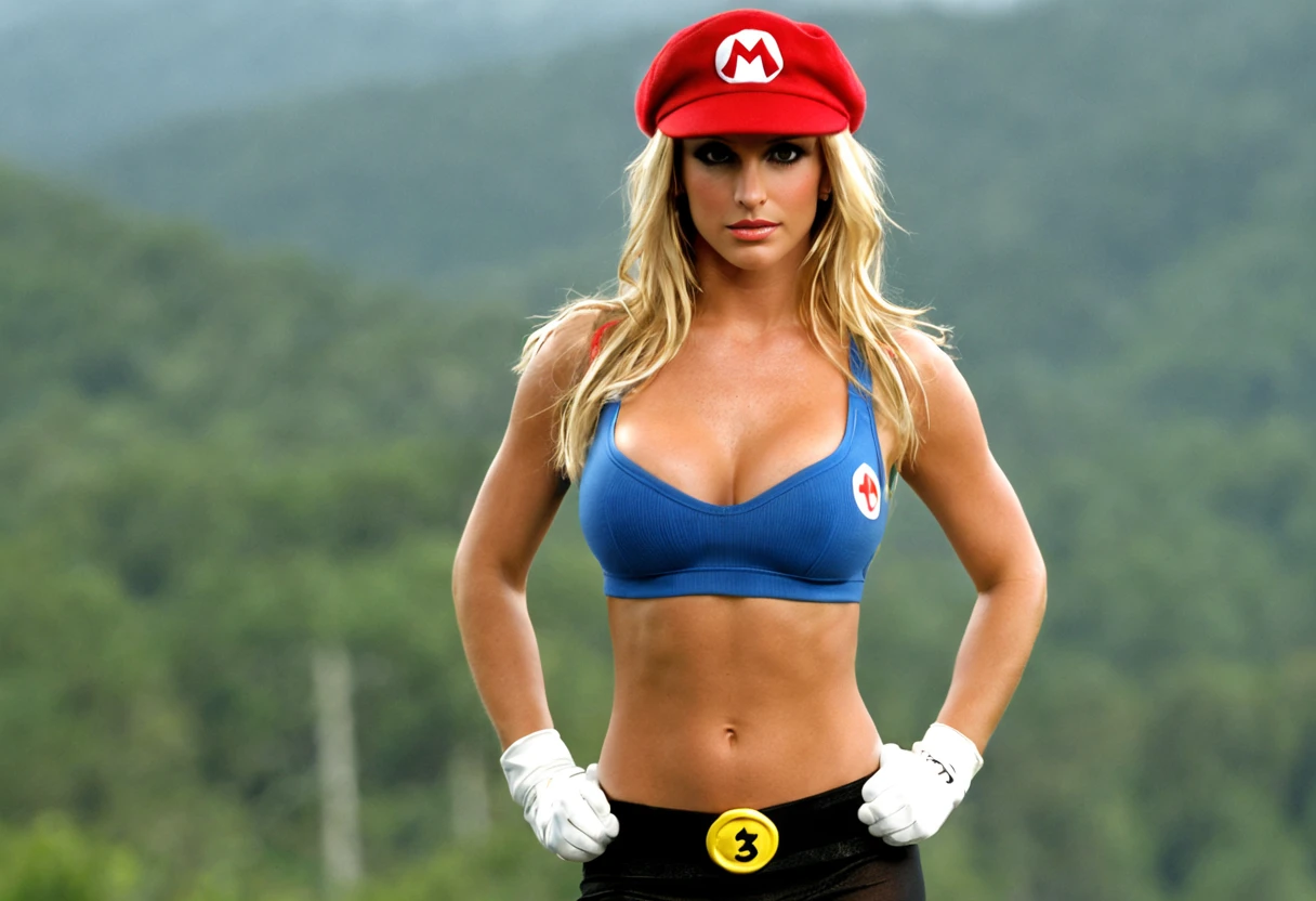 (Britney Spears:0.6) ((ohwx woman)) as super Mario, red hat, (tight cropped top and tight microskirt), (black pantyhose)1.4, (huge natural breasts), sexy fantasy, highly detailed, (sharp focus), photo by Tony Sart randy vargas, (solo)1.5, Extremely high-resolution details, photographic, realism pushed to extreme, incredibly lifelike, (sharp focus)1.4, perfecteyes