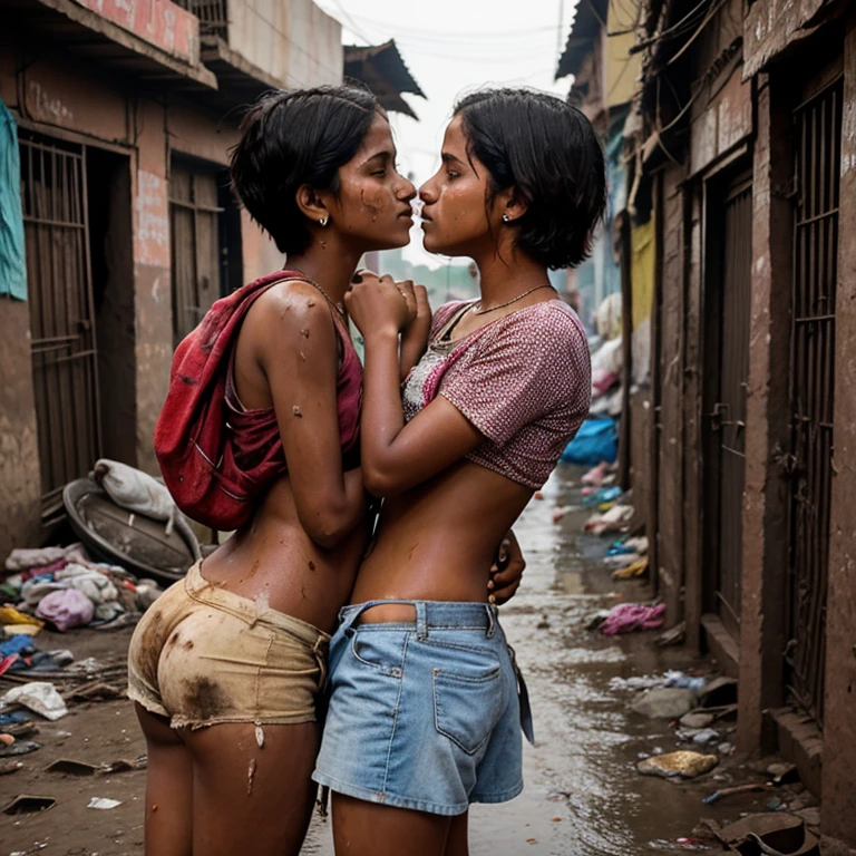 Desi age girl kissing her friend in dharavi slum. Covered in poop. Short hair. Dirty butt. 