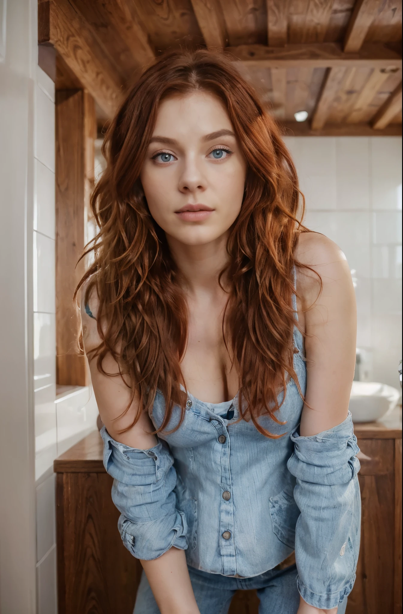 (best quality, ultra-detailed, realistic:1.37), 23 year old Swedish female, dyed red hair, medium length extremely curly layered hairstyle, bright blue eyes, high cheek bones, pale skin tone, shot on a Canon EOS R6 Mark II camera, bent over, looking over shoulder