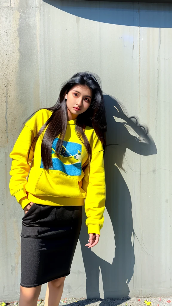 arafed woman standing against a wall with her hands in her pockets, with long hair, dressed with long fluent clothes, young himalayan woman, young with long hair, beautiful young himalayan woman, she is about 1 6 years old, wearing yellow croptop, wearing sweatshirt, nivanh chanthara, with a cool pose, indian girl with brown skin, casual pose