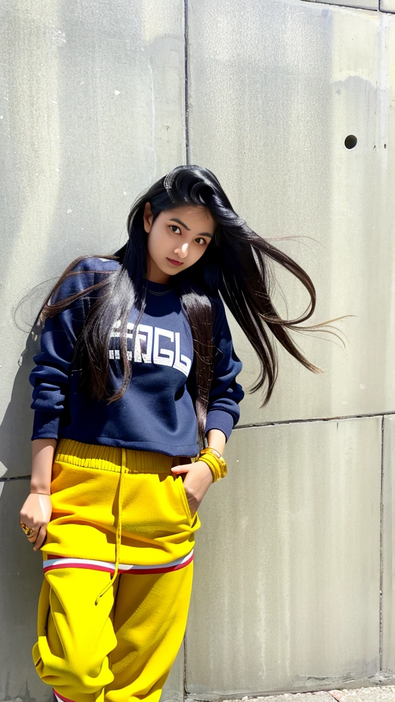 arafed woman standing against a wall with her hands in her pockets, with long hair, dressed with long fluent clothes, young himalayan woman, young with long hair, beautiful young himalayan woman, she is about 1 6 years old, wearing yellow croptop, wearing sweatshirt, nivanh chanthara, with a cool pose, indian girl with brown skin, casual pose