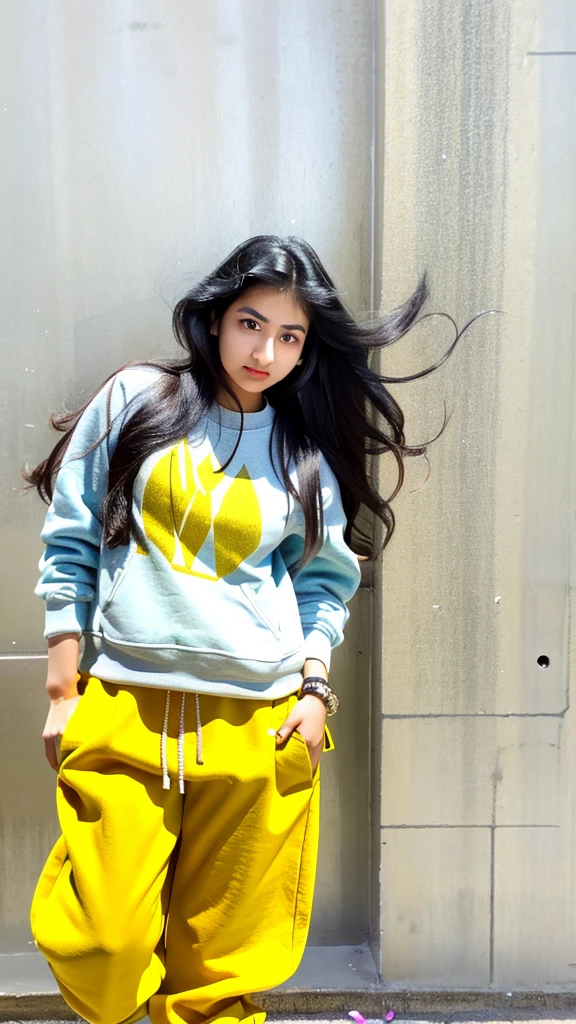 arafed woman standing against a wall with her hands in her pockets, with long hair, dressed with long fluent clothes, young himalayan woman, young with long hair, beautiful young himalayan woman, she is about 1 , wearing yellow croptop, wearing sweatshirt, nivanh chanthara, with a cool pose, indian girl with brown skin, casual pose