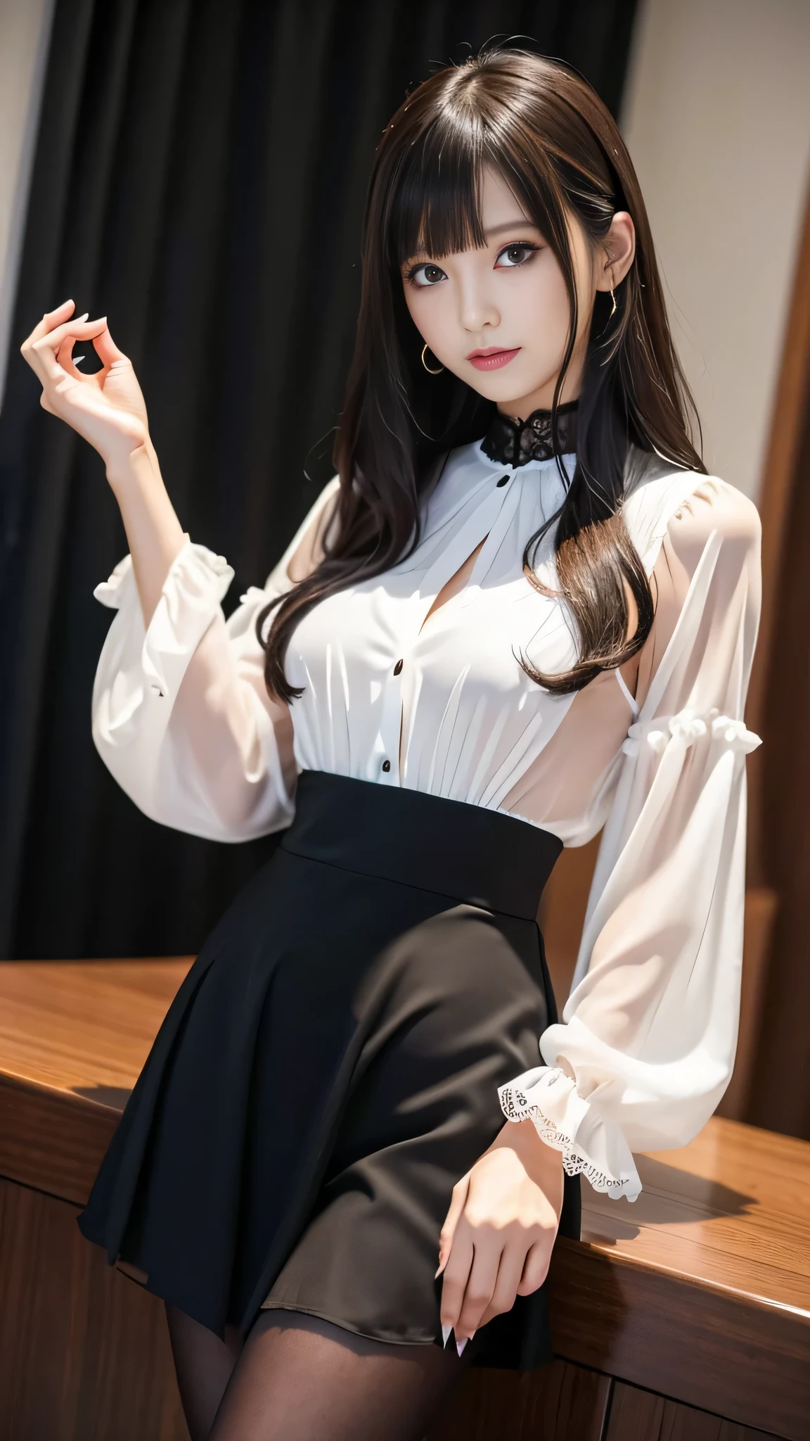 Super detailed、Japanese、charming beauty、seductive adult woman、Dainty woman、sharp eyes、cool girl、wavy hair、suit、Black chiffon、lacy fabric、wide sleeve、Jacket、white blouse、flare skirt、pantyhose、Shiny legs、evilの幹部、evil depravity、brainwashing、Mind control、left hand holding lips、grin、邪evilなな表情、evil、empty eyes、邪evilな、Church of Darkness、seductive pose、