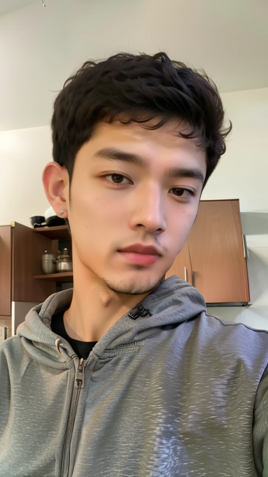 Arafed boy in a gray hoodie standing in a kitchen, around 1 9 years old, 1 6 years, Mateo 9 5, 18 years old, Alex, imagen frontal, 14 yo berber boy, imagen de muy muy muy baja calidad, Adolescente Masculino, Riyahd Cassiem, Caio Santos, foto de perfil 1024px
