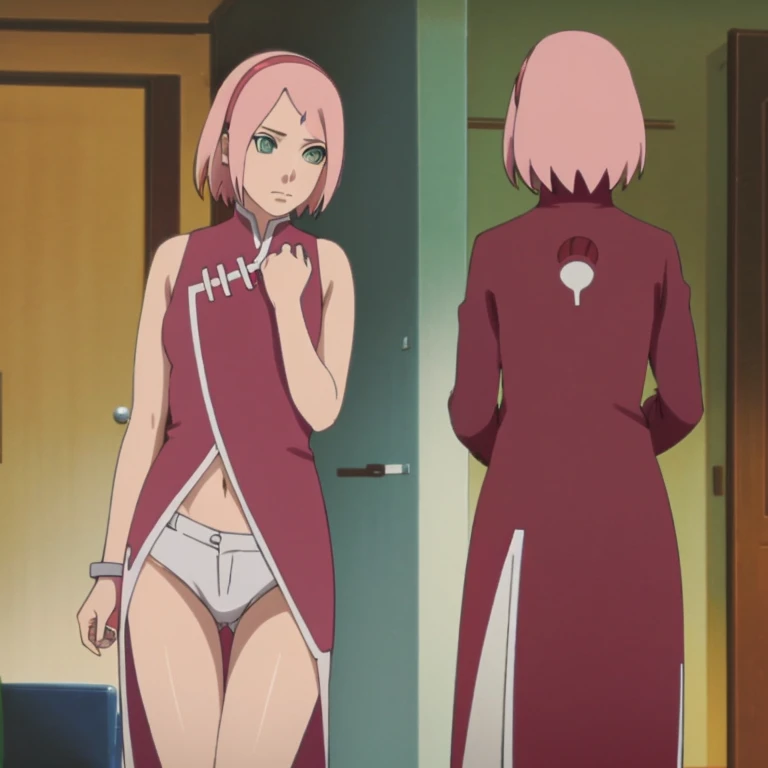 1 woman, 8k quality, Spread legs, short pink hair, ass, back view, white jeans, beautiful woman, heels, hands on ass, shy, smiling, small breasts, small ass, on the knees,