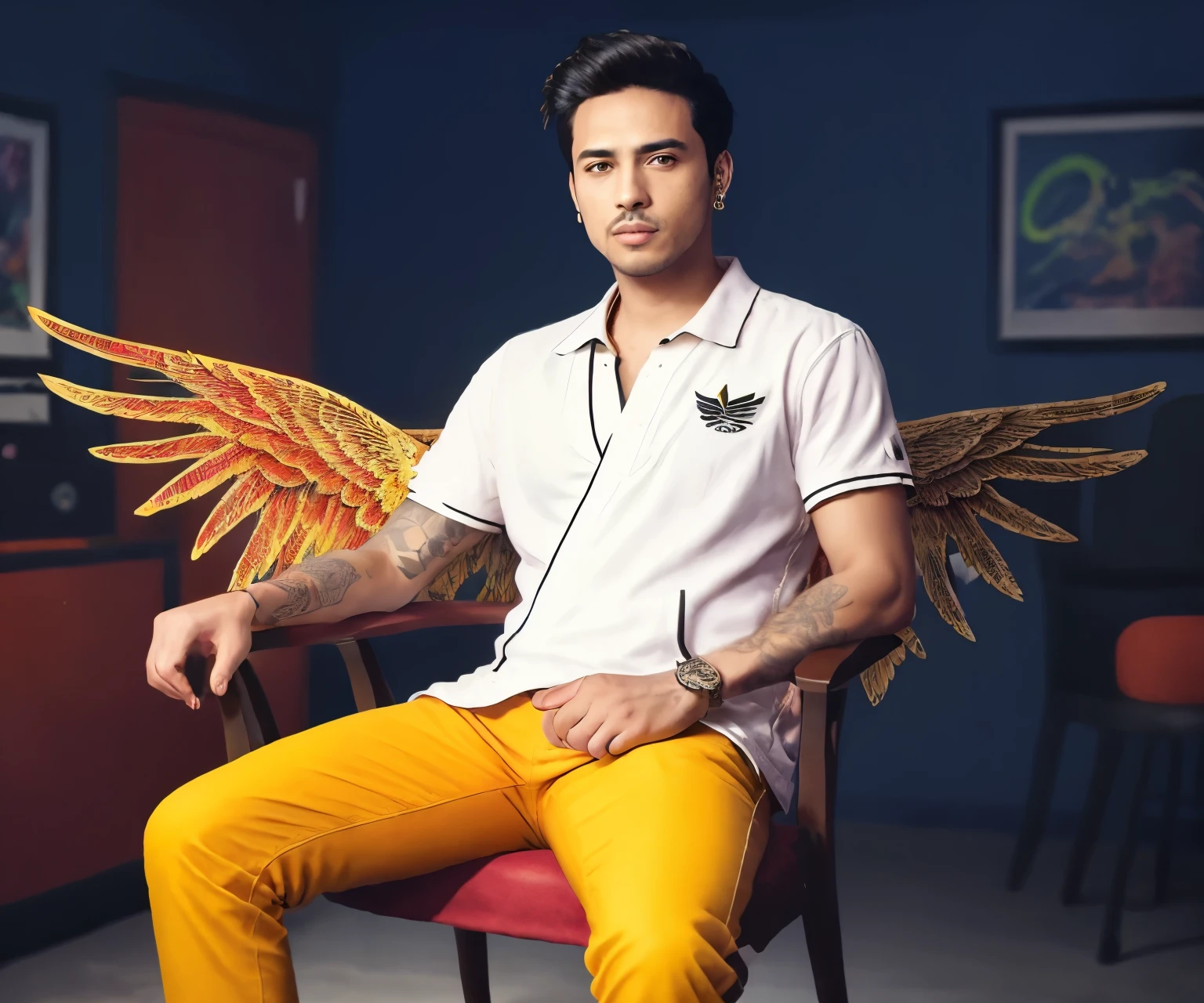 a man sitting on a chair with wings on it, sureal, official fan art, official fanart, with real wings, by Shaddy Safadi, inspired by Shaddy Safadi, ✏️🎨, in the style of sifu 🔥 😎 🕹️ 👀 :2, addidas, new song, dj sura, surealism, high quality fanart