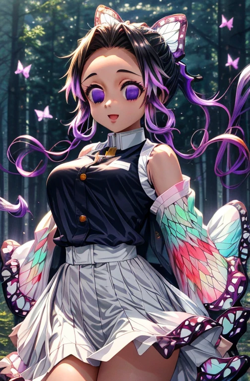 Kochou Shinobu, 1girl,masterpiece, multicolored hair,sleeveless, purple eyes, black jacket, transparent skirt,uniform, white haori, , multiple butterflies, , laked sunset, lens flare, perfect lighting, highest quality, hands behind, thick thighs, medium breasts, highest quality, high resolution.