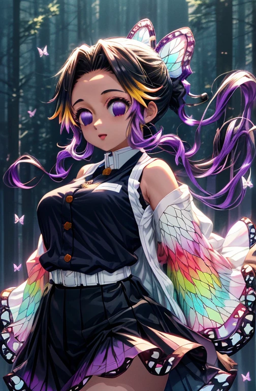 Kochou Shinobu, 1girl,masterpiece, multicolored hair,sleeveless, purple eyes, black jacket, transparent skirt,uniform, white haori, , multiple butterflies, , laked sunset, lens flare, perfect lighting, highest quality, hands behind, thick thighs, medium breasts, highest quality, high resolution.