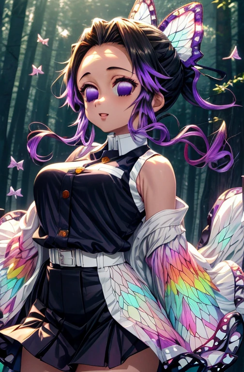 Kochou Shinobu, 1girl,masterpiece, multicolored hair,sleeveless, purple eyes, black jacket, transparent skirt,uniform, white haori, , multiple butterflies, , laked sunset, lens flare, perfect lighting, highest quality, hands behind, thick thighs, medium breasts, highest quality, high resolution.