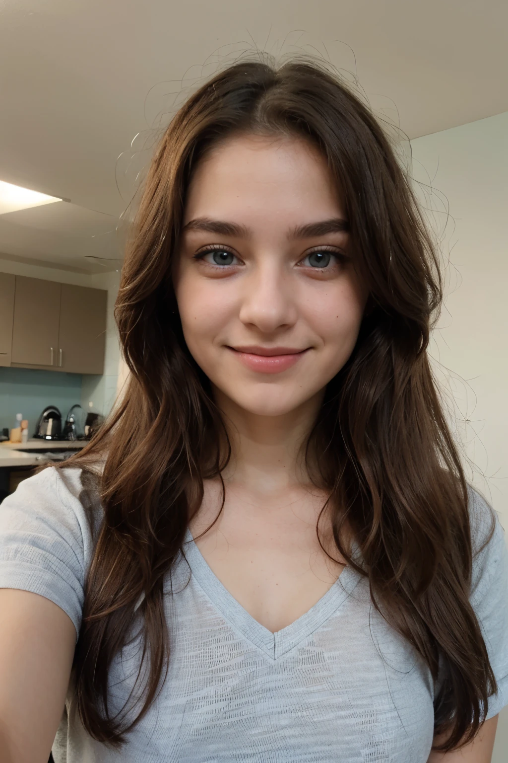 beautiful 14 years old smiling girl, light blue eyes, long hair, 1m65, 45kg
