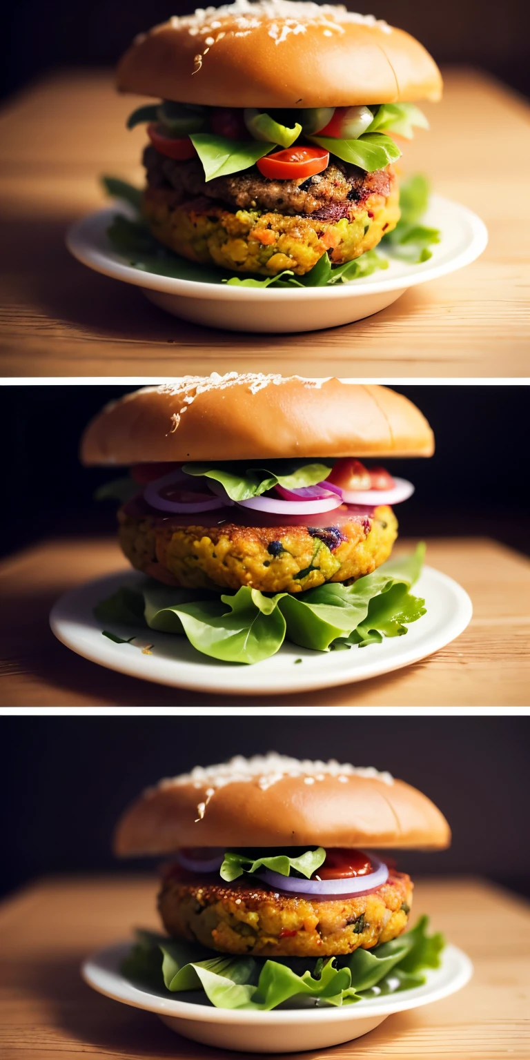 Delicious chickpea burger, dressed with fresh salad, tomato, and vegan cheese, middle: ultra realistic photography, style: inspired by the vibrant and youthful aesthetic of vegan food blogs, Lighting: bright, direct light from the front to make the colors pop, colors: bright greens and reds contrast with the earthy tones of the chickpea patty., composition: Shot on a Hasselblad H6D-100c, HK 80mm f/2.8 lenses, Resolution 100 megapixels, ISO 64, Shutter speed 1/125 second, Диафрагма f/8, focus on the cross section of the hamburger, to bring out the texture of the chickpea patty.. -- AR 16:9 --In the 5th.1 --style raw --q 2 --s 750