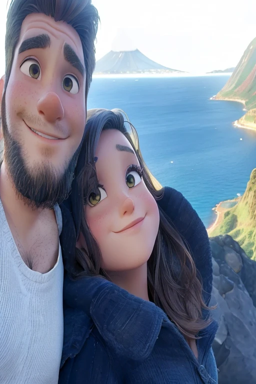 there is a man and woman that are posing for a picture, with mountains in the background, with a volcano in the background, vacation photo, with mountains in background, ocean in the background, they are in love, mountains in the background, the ocean in the background
