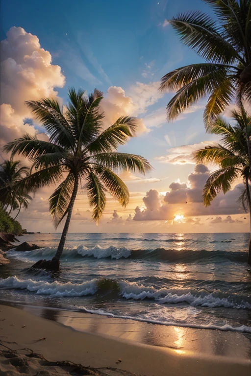 a beautiful sunset with beach, coconut trees, strong tones, oil painting, true rest