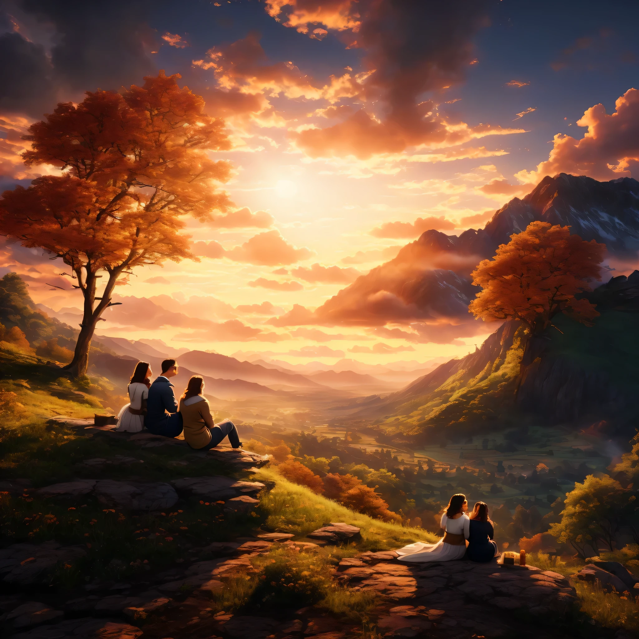 a couple sitting under a tree on a mountain with the sunset, Fondo de pantalla ilustrativo 4K HD, Arte digital 4k muy detallado, still movie 8k, Estilo Fantasy 8 K Octano Render, inspirado por Tim Hildebrandt, hermoso arte uhd 4k, inspirado por los hermanos Hildebrandt, Pintura digital mate 4k hd, warm and beautiful scene, Impresionante obra de arte en 8k