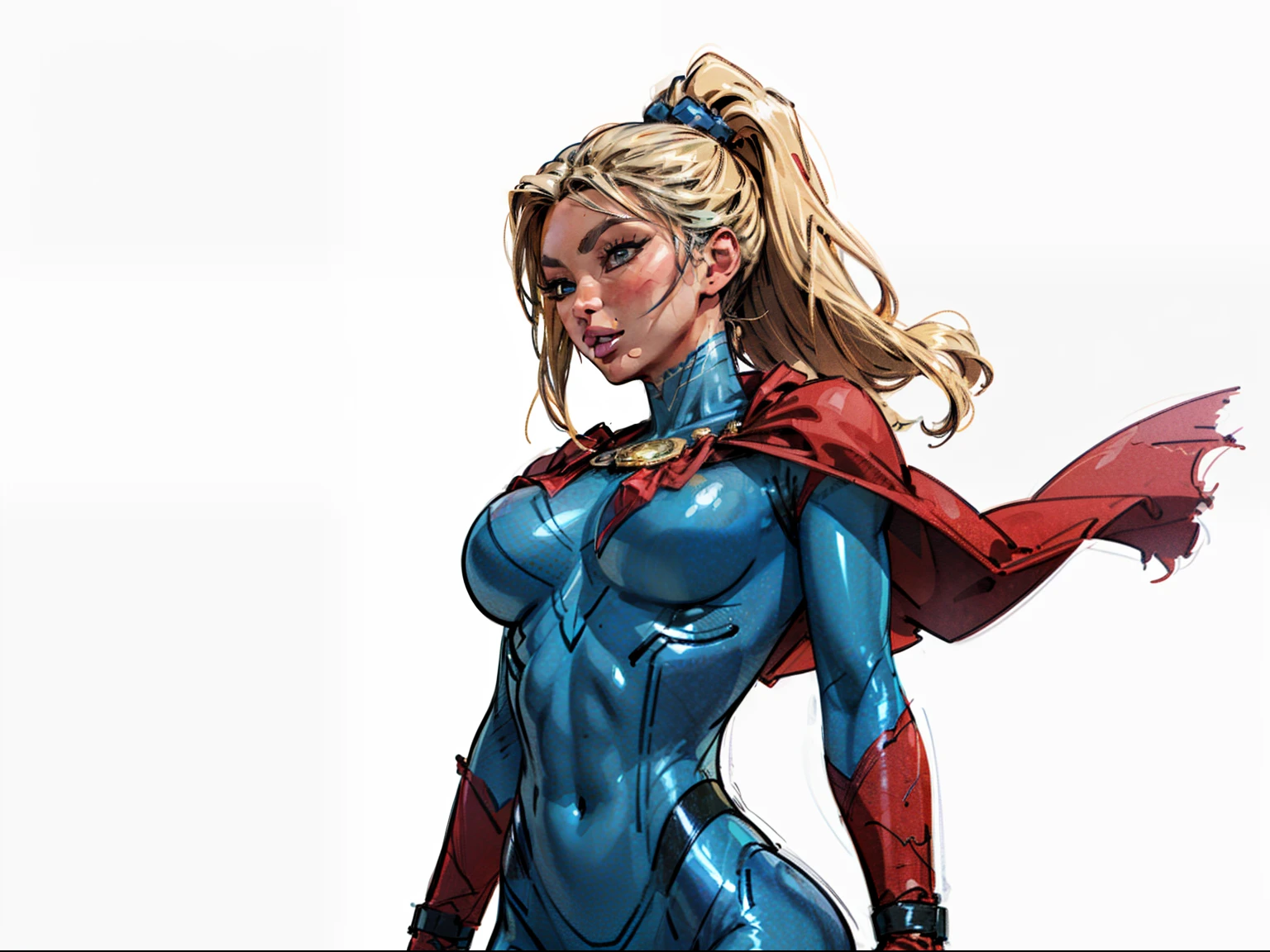 ((masterpiece)),(((best quality))),((character design sheet)), ((full body view)), (jessica henwick face), illustration,1girl, muscular, ((blue bodysuit:1.5)), superhero, (blonde ponytail:1.4), (red cape:1.4) ((detailed face:1.4)) ((slendered abs:1.4)), red gloves, red boots, ((flat chest)), beautiful woman, (red thighhighs:1.3)shiny skin, (gold emblem on chest:1.2),scribbles and marks, (puffy lips:1.5), rough sketches, pose, 8k,16k, (simple background, white background: 1.3)