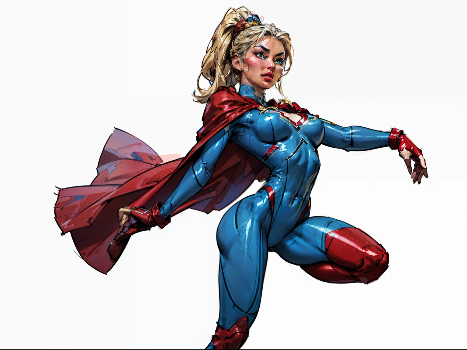 ((masterpiece)),(((best quality))),((character design sheet)), ((full body view)), (jessica henwick face), illustration,1girl, muscular, ((blue bodysuit:1.5)), superhero, (blonde ponytail:1.4), (red cape:1.4) ((detailed face:1.4)) ((slendered abs:1.4)), red gloves, red boots, ((flat chest)), beautiful woman, (red thighhighs:1.3)shiny skin, (gold emblem on chest:1.2),scribbles and marks, (puffy lips:1.5), rough sketches, pose, 8k,16k, (simple background, white background: 1.3)