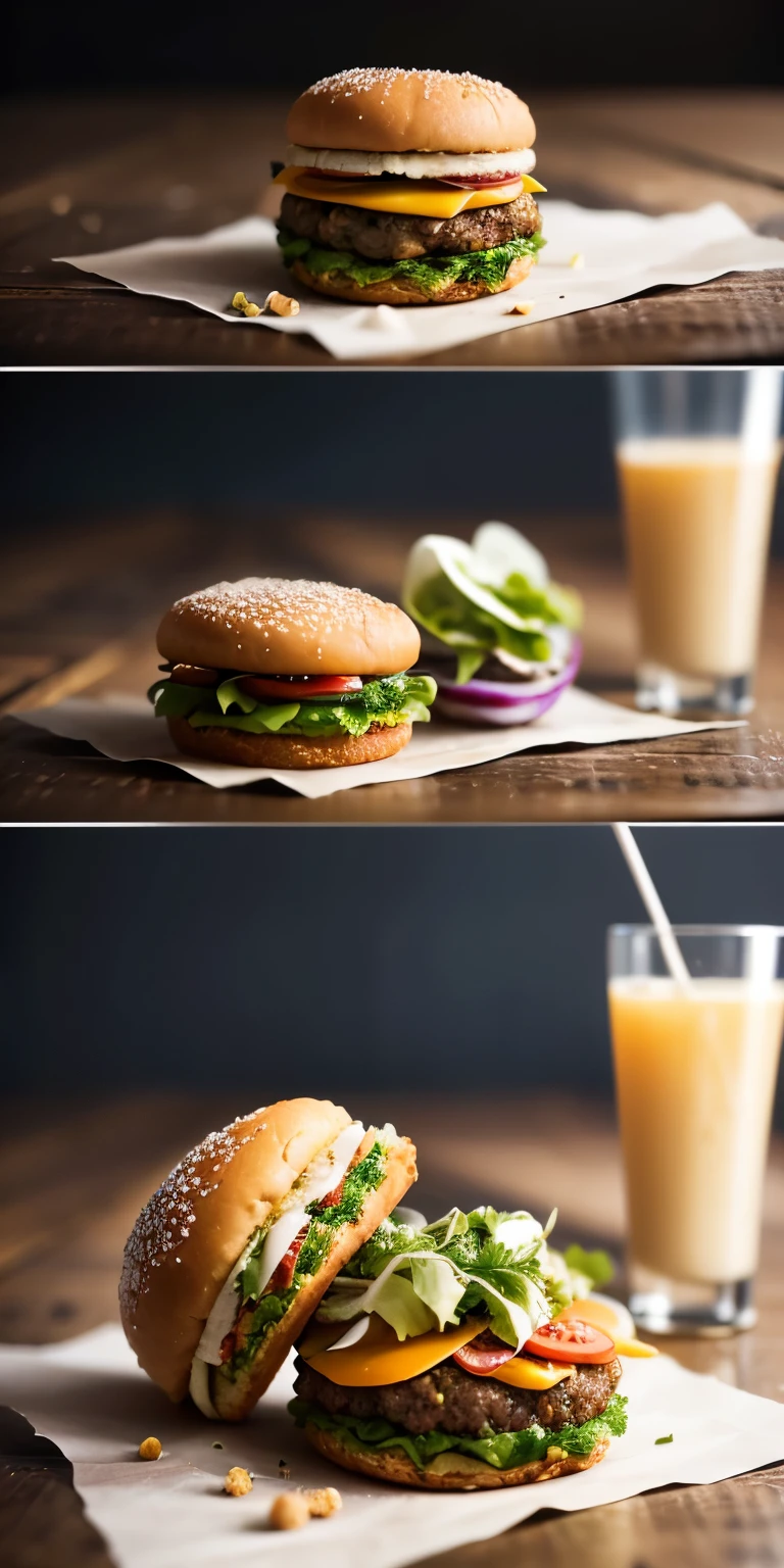 Delicious chickpea burger, dressed with fresh salad, tomato, and vegan cheese, middle: ultra realistic photography, style: inspired by the vibrant and youthful aesthetic of vegan food blogs, Lighting: bright, direct light from the front to make the colors pop, colors: bright greens and reds contrast with the earthy tones of the chickpea patty., composition: Shot on a Hasselblad H6D-100c, HK 80mm f/2.8 lenses, Resolution 100 megapixels, ISO 64, Shutter speed 1/125 second, Диафрагма f/8, focus on the cross section of the hamburger, to bring out the texture of the chickpea patty.. -- AR 16:9 --In the 5th.1 --style raw --q 2 --s 750