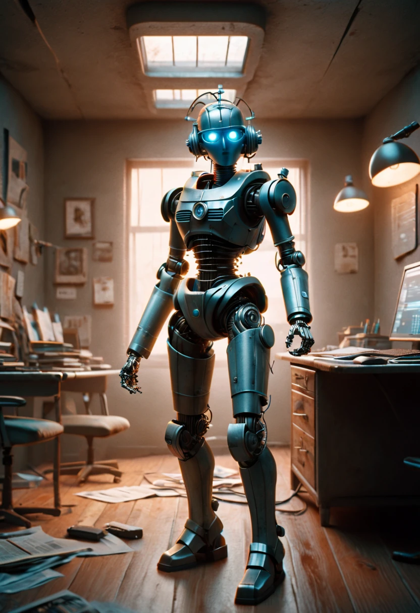 Vintage medium shot 1920's poster, futuristic electronik vintage police girl robot and office, 1820's, cozy interior lighting, artstation, detailed, cinematic, daz, hyper-realistic, octane, netflix lighting, with gun in hand