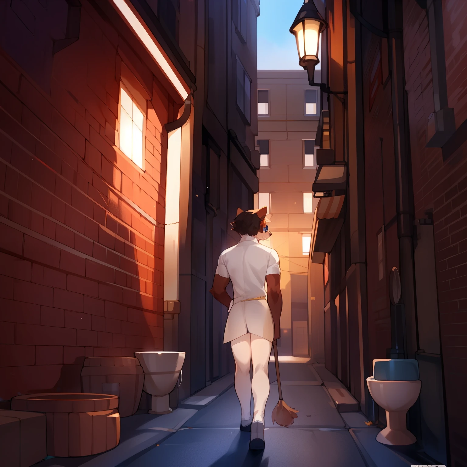 alone, male,White tights, convex, canine, beautiful boy, fur, red and blue eyes, glowing eyes, Glasses, short hair, bowl cut, sweeping bangs, nerdy hairstyle, braids,Thin muscle, by bebebebebe, by spuydjeks, by dark gems, by mystikfox61, by Chun Ni, permanent, alley,