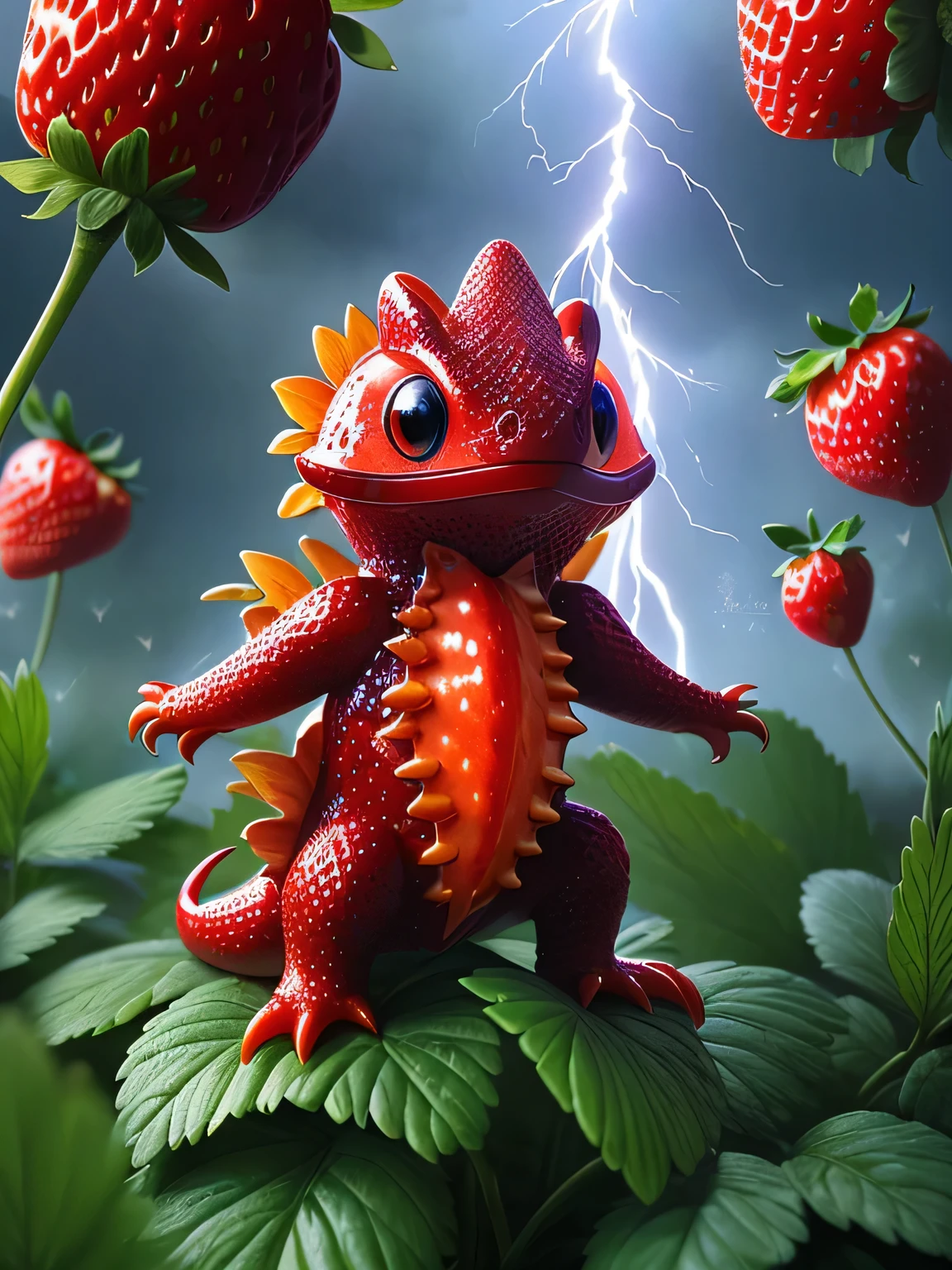 (masterpiece, high quality, best resolution), illustrious, Darling, dragon hatchlings, dancing on leaves and flower petals, with a lightning strike in the background made of ral-strawberry jam, intricate details, colorful, magical, realism, hyperrealistic, fantasy,