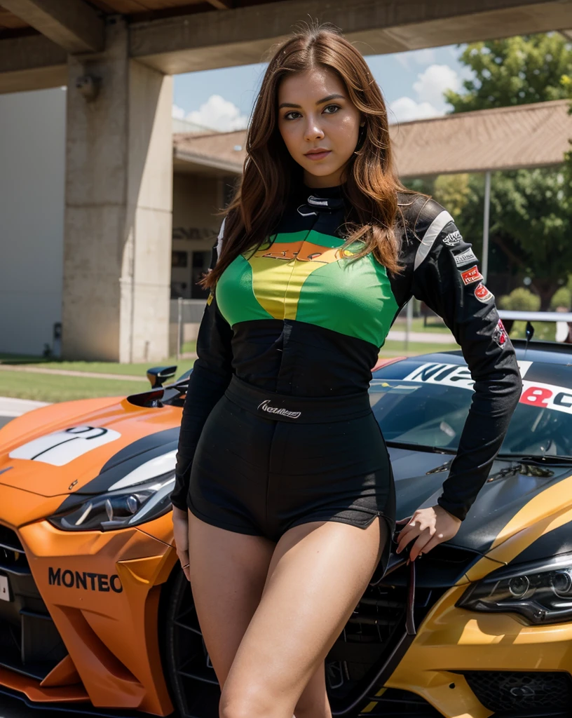 Eva, a 25-year-old Mexican woman, stands at 5'6" with a strong and athletic frame. Her fiery orange, waist-length hair and deep green eyes contribute to her vibrant aura. She has big breasts. Wears tight green driver racing overall. She is skilled driver in motorsport and stands before her sports car.
