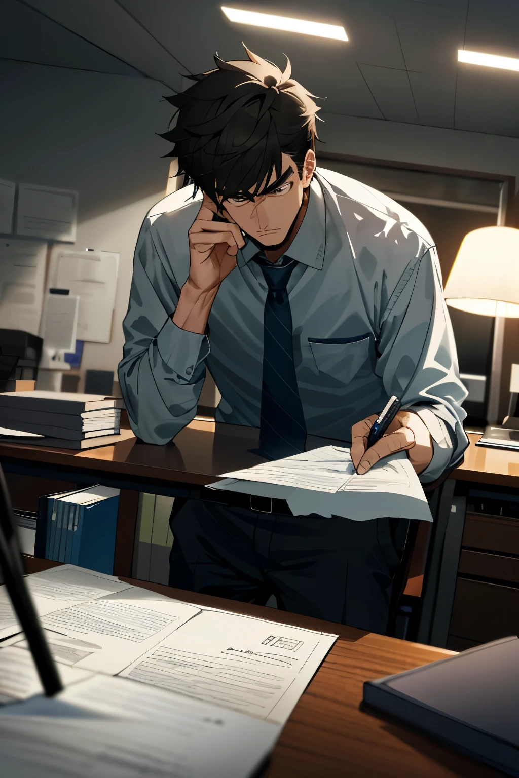 A man sitting at a desk in an office, looking thoughtful and deep in thought, with a stack of papers in front of him and a pen in hand. The room is dimly lit, with only the soft glow of a desk lamp illuminating the area around him. His brow is furrowed, and his jaw is set as he focuses intently on the task at hand. The atmosphere is serious and focused, with a sense of determination and concentration in the air. The man's attire is formal and professional, with a crisp shirt, neat tie, and well-pressed trousers. He is completely absorbed in his work, oblivious to the world around him. For a moment, the only sound