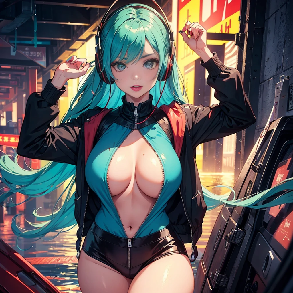 A young and very sexy and beautiful adult woman with large green eyes, long Blue hair and heavily inspired in cyberpunk art. Impeccably make up with red lipstick, dark eyeshadow accentuating her bright eyes. She's dressed in an open jacket that's slightly oversized, wearing a top covering her ample bosom. Sporting large, colorful headphones, she giving a side look tô the camera. The background is a vibrant water like setting with various multicolored light effects. Cinematic light, she is happy and enjoyng it