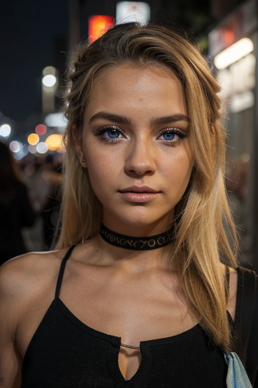 a 25 year old blonde European woman, con ojos azul grisaceos, mirada sexy, poros detallados de la piel, piel grasa, golpe de sol, detalles intrincados de los ojos, todo el cuerpo, pechos grandes, Color brillante, color oscuro, medio cuerpo, sombra de ojos, (uso de estilo callejero: 1.2), (fondo de la ciudad: 1.2), cinematic light, high resolution, paseando por la ciudad de noche