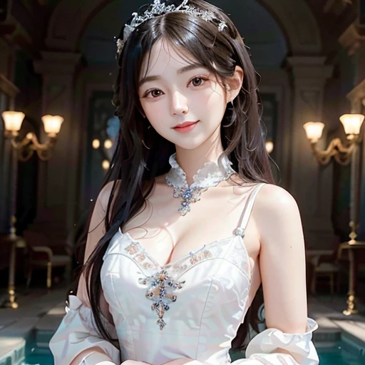 highest quality, ultra nothing, realistic, Photo of one beautiful woman, detailed face, Beautiful black hair, (detailed porcelain dolls,white dress with detailed details), Mansion Pool, (Beautiful style from the chest up), fascinating look, looking at the viewer, happy smile, Bright lighting,