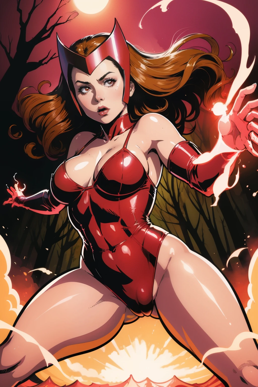(((A comic style, cartoon art))). Scarlet Witch is in an open field, floating in the air, surrounded by dense forest. She is wearing her signature red outfit and is floating in the air, with her arms outstretched to her sides. In her hands, she holds a glowing red ball of energy, (((Hot Body, athletic body, sexy, Camel Toes))), ginger hair, agry face, hot girl, which appears to be pulsing with power. In the background, we can see the sun setting over the horizon, turning the sky orange and pink. The forest around her appears to be peaceful, but there is a sense of tension in the air, as if something is about to happen.