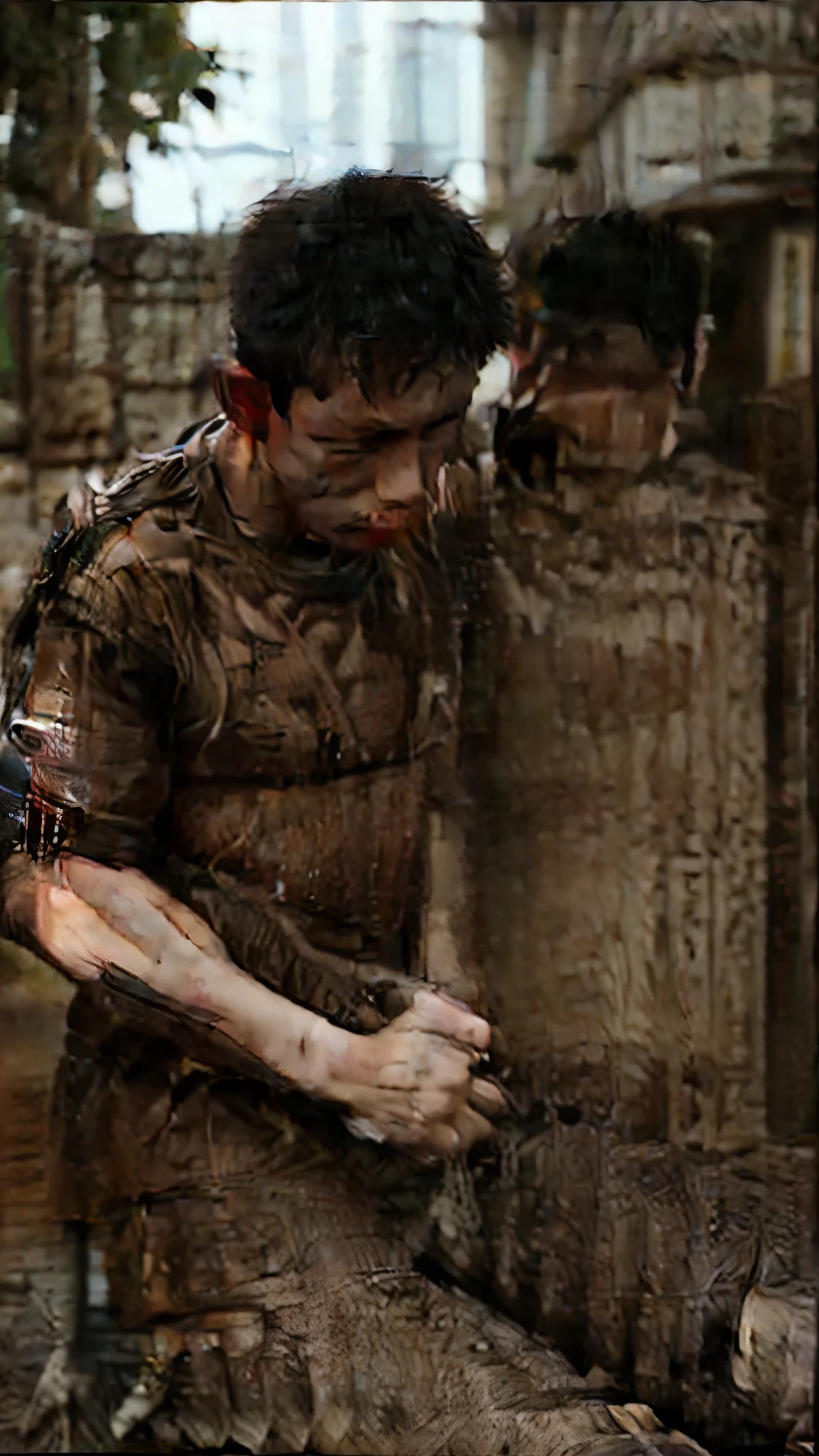 In a dark cave prison, with his shoulders hunched, his head bowed, and sweat dripping from his face, he looks as if he is about to collapse, and is standing naked in only white briefs, with a painful and pitiful expression on his face; he has an S mark on his chest and a glowing green necklace; he is Caucasian, middle-aged, solidly-built, with black hair with white sides; there are iron bars and businessmen watching him from outside.