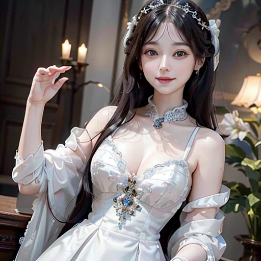 highest quality, ultra nothing, realistic, Photo of one beautiful woman, detailed face, Beautiful black hair, (detailed porcelain dolls,white dress with detailed details), Mansion Pool, (Beautiful style from the chest up), fascinating look, looking at the viewer, happy smile, Bright lighting,