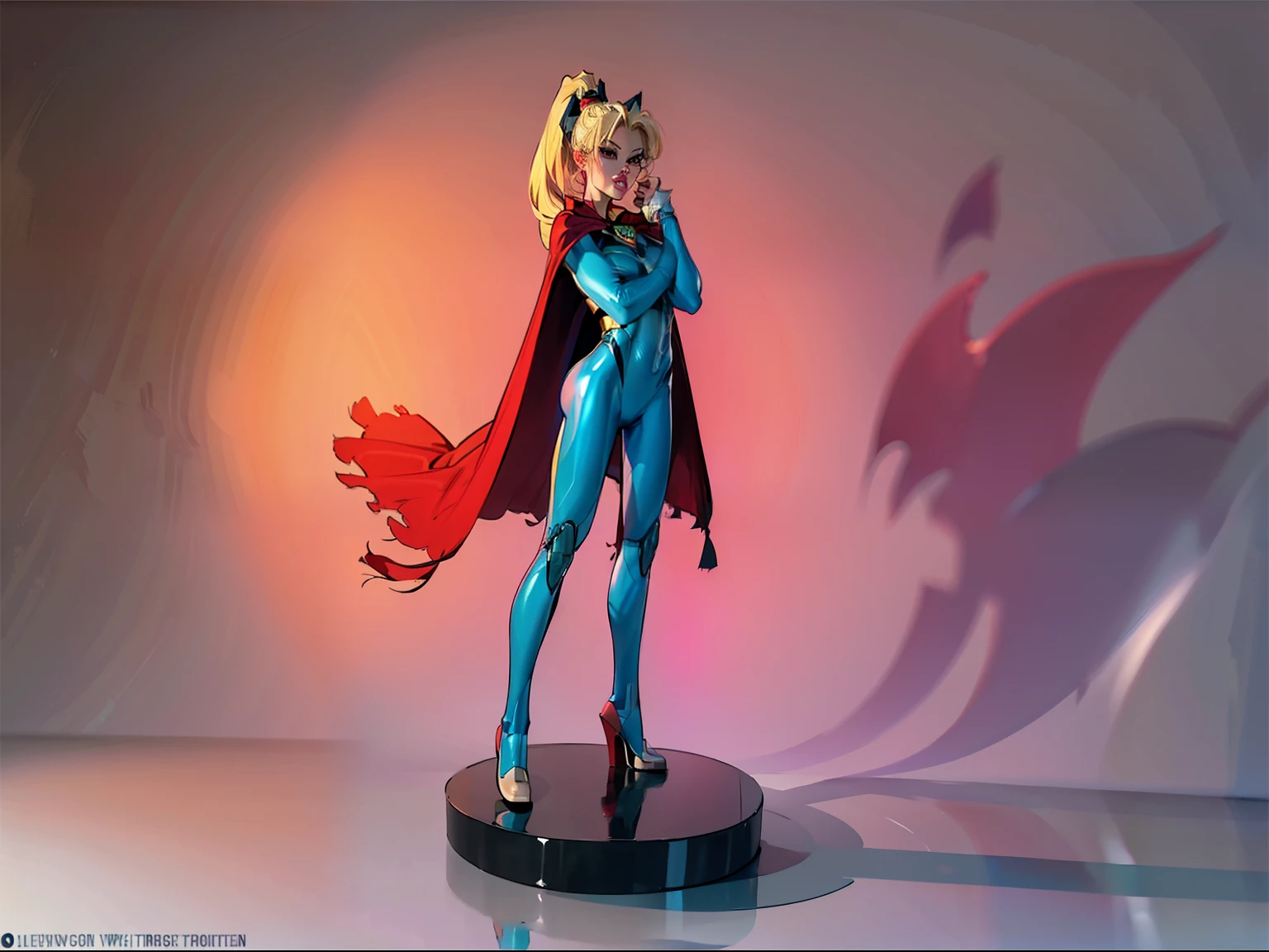 ((masterpiece)),(((best quality))),((character design sheet)), ((full body view)), (Asian face), illustration,1girl, muscular, ((blue bodysuit:1.5)), superhero, (blonde ponytail:1.4), (red cape:1.4) ((detailed face:1.4)) ((slendered abs:1.4)), red gloves, red boots, ((flat chest)), beautiful woman, (red thighhighs:1.3)shiny skin, (gold emblem on chest:1.2),scribbles and marks, (puffy lips:1.5), rough sketches, pose, 8k,16k, (simple background, white background: 1.3)