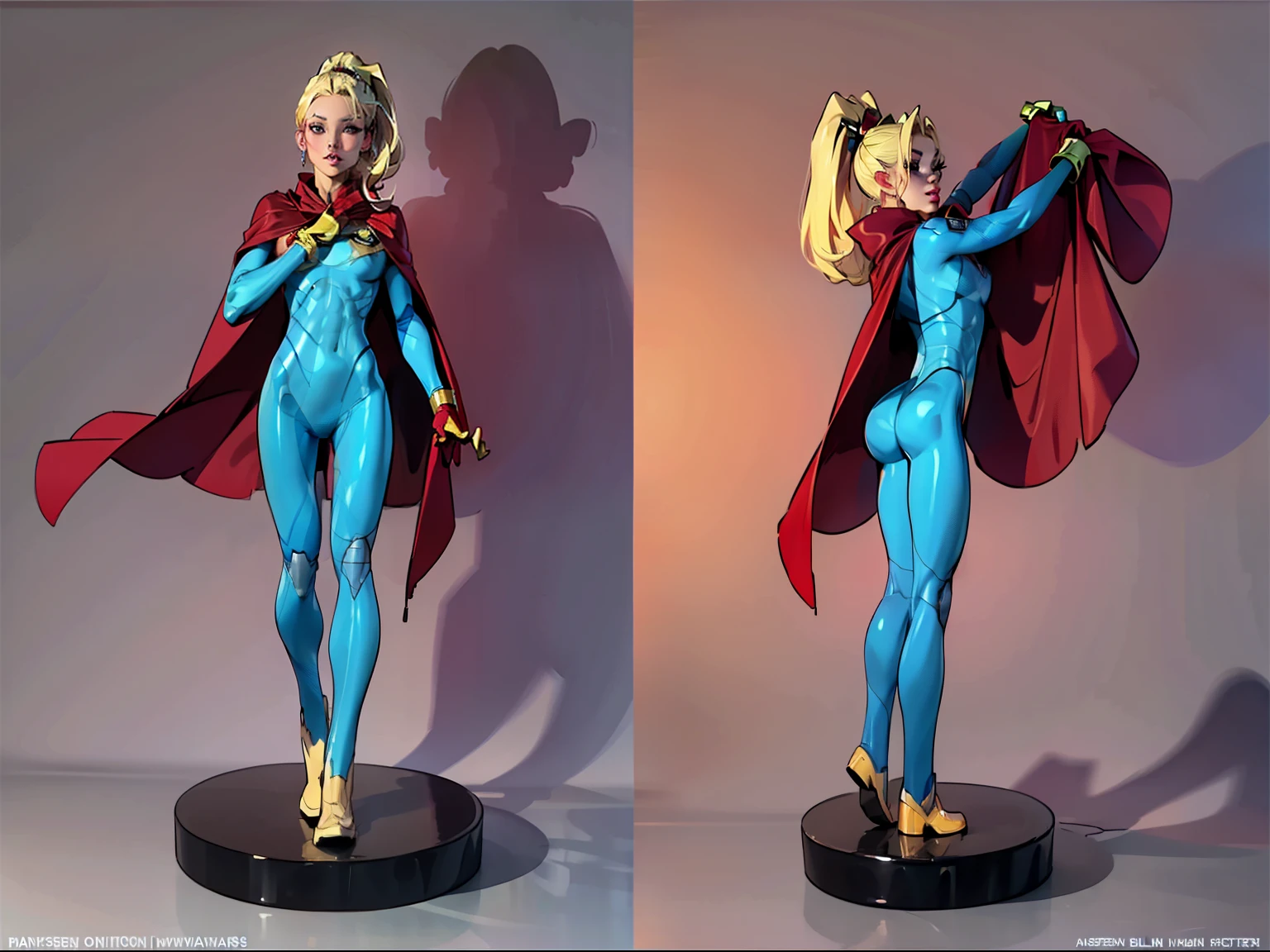 ((masterpiece)),(((best quality))),((character design sheet)), ((full body view)), (Asian face), illustration,1girl, muscular, ((blue bodysuit:1.5)), superhero, (blonde ponytail:1.4), (red cape:1.4) ((detailed face:1.4)) ((slendered abs:1.4)), red gloves, red boots, ((flat chest)), beautiful woman, (red thighhighs:1.3)shiny skin, (gold emblem on chest:1.2),scribbles and marks, (puffy lips:1.5), rough sketches, pose, 8k,16k, (simple background, white background: 1.3)