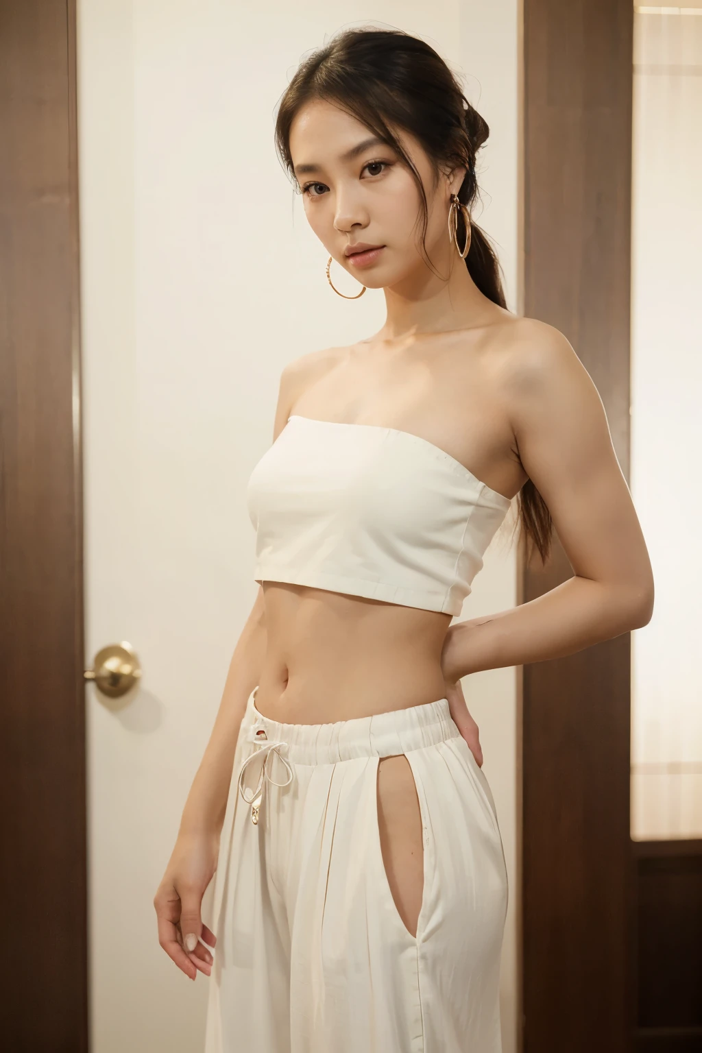 a woman wearing camisole and palazzo pants, cabin interior, (neon lighting:0.5) <lora:fic-wendy:0.8>