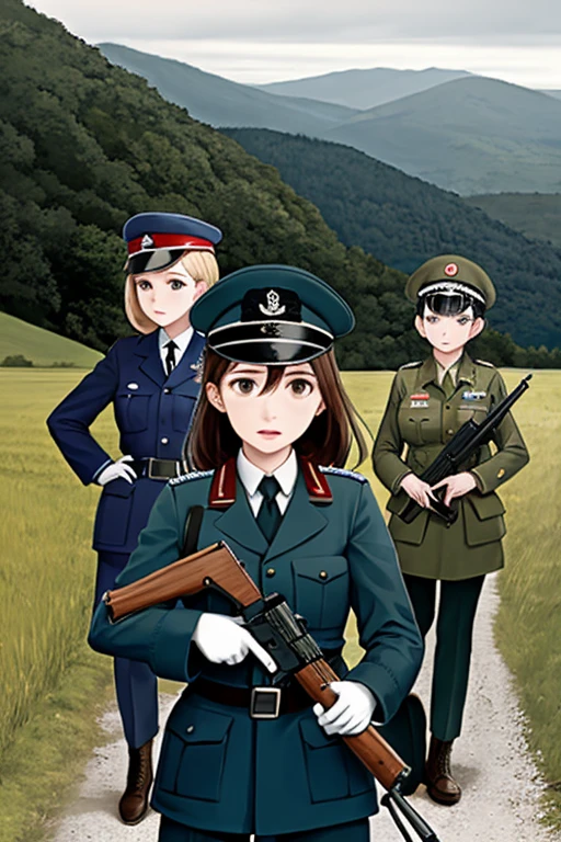 girls in second world war military uniform, holding weapons, on the battlefield