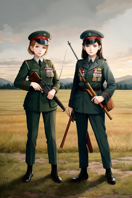 girls in second world war military uniform, holding weapons, on the battlefield