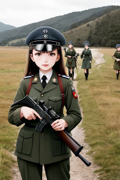girls in second world war military uniform, holding weapons, on the battlefield