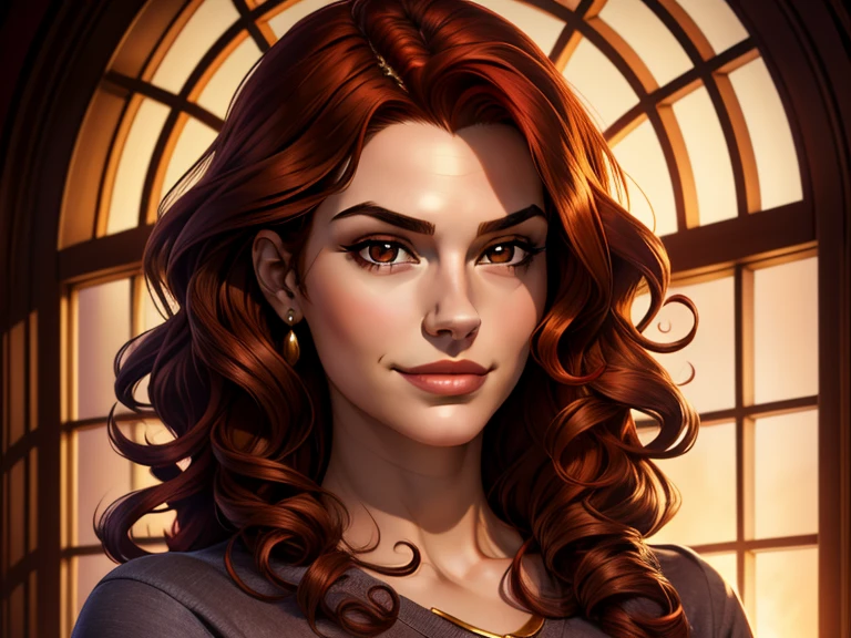 masterpiece, best quality, realistic, 1woman, female, quiet and charming , 19year old, a smirk, closed mouth, gold skin, portrait, extremely detailed face, cold and smirk, casual outfit, ((dark brown eyes)), ((red hair)),((curly hair)), [thick eyebrows], ((princess )), dim light, evil, window background