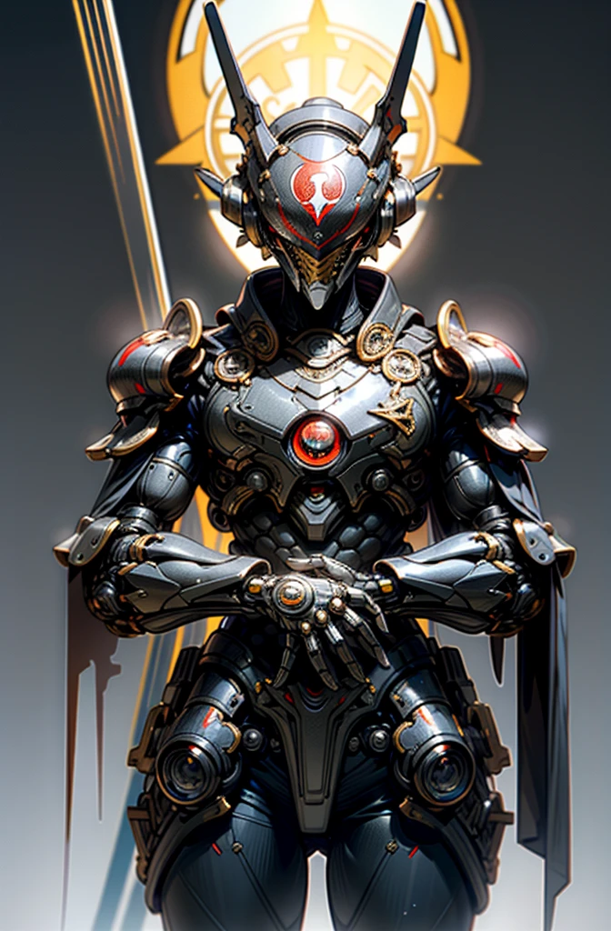 oscuro_fancy,ciberpunk,1Mechanical Wonderman,Robotic presence,Cyber General, Asesino Mechanical Armor, Arte absolutamente impresionante,Usando una. capa escarlata, art of the highest quality, highest resolution, Super detailed, fondo escarlata, futurista, Asesino&#39;spirit,8k,k, High Definition, obra maestra incomparable, dynamic lighting, normal, epic