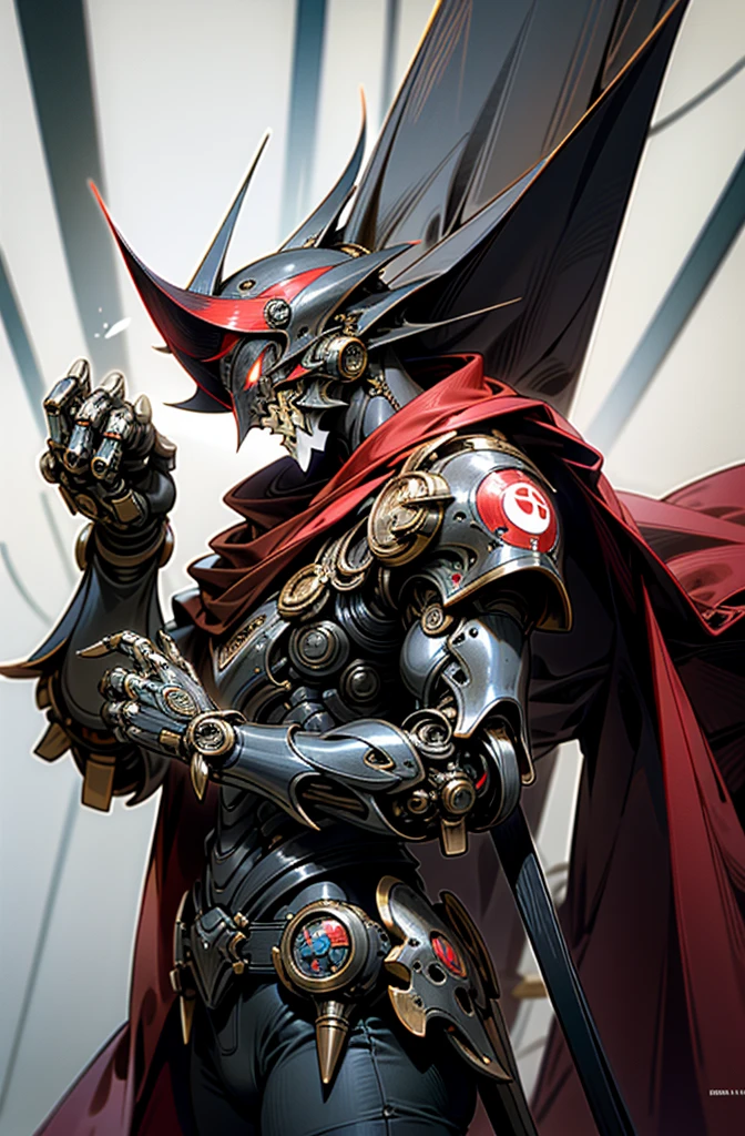oscuro_fancy,ciberpunk,1Mechanical Wonderman,Robotic presence,Cyber General, Asesino Mechanical Armor, Arte absolutamente impresionante,Usando una. capa escarlata, art of the highest quality, highest resolution, Super detailed, fondo escarlata, futurista, Asesino'spirit,8k,k, High Definition, obra maestra incomparable, dynamic lighting, normal, epic