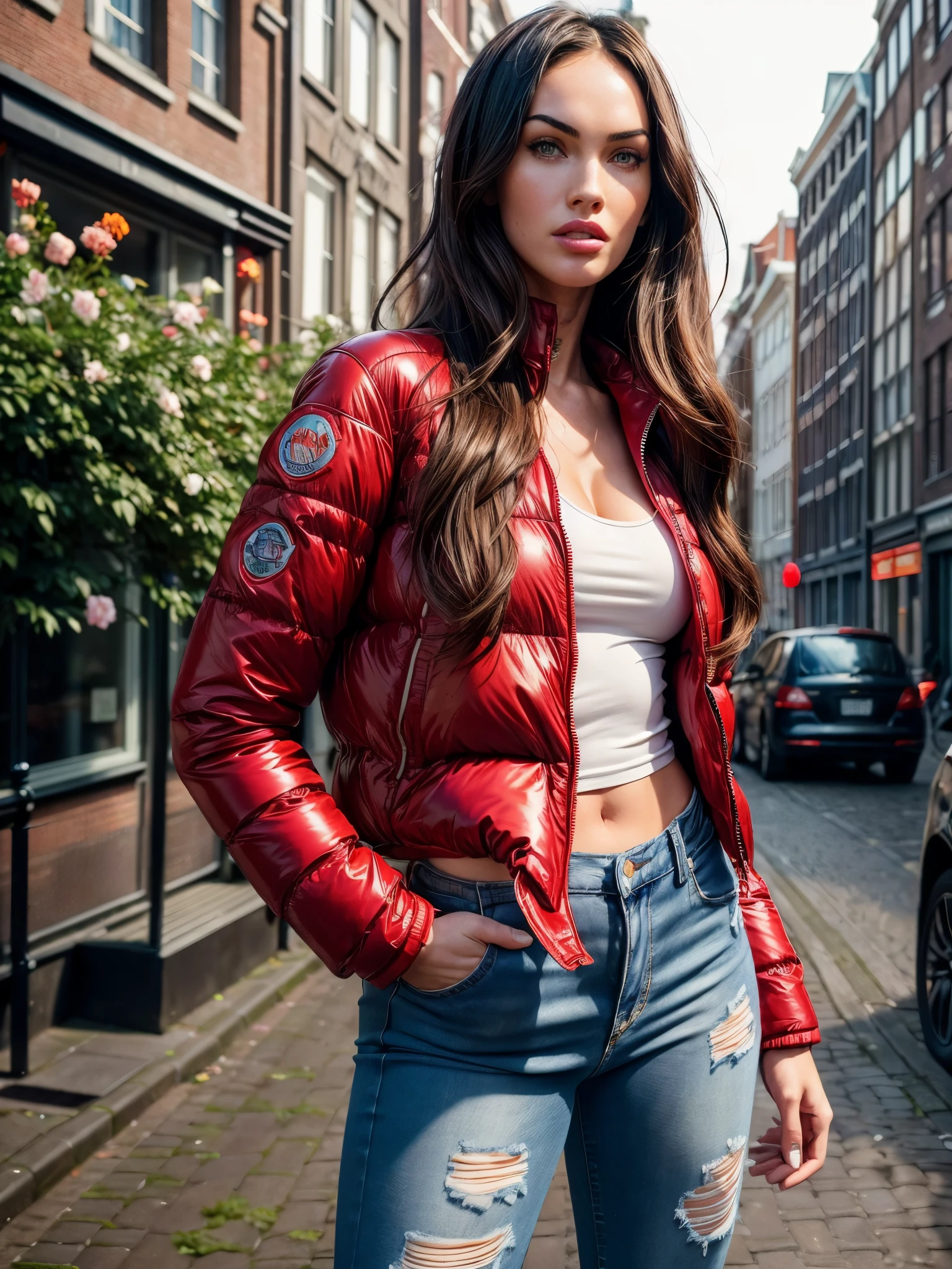 a gorgeous woman (Megan Fox),, masterpiece, best quality, (photorealistic:1.4), (RED SOFT PUFFER JACKET:1.25), (white tank top:1.1), (blue ripped jeans:1.2), background posing in Amsterdam, red light district Amsterdam, green trees, beautiful flowers, sunny day, cinematic light, beautiful woman, skinny, straight brown hair, detailed face, photo taken from a distance