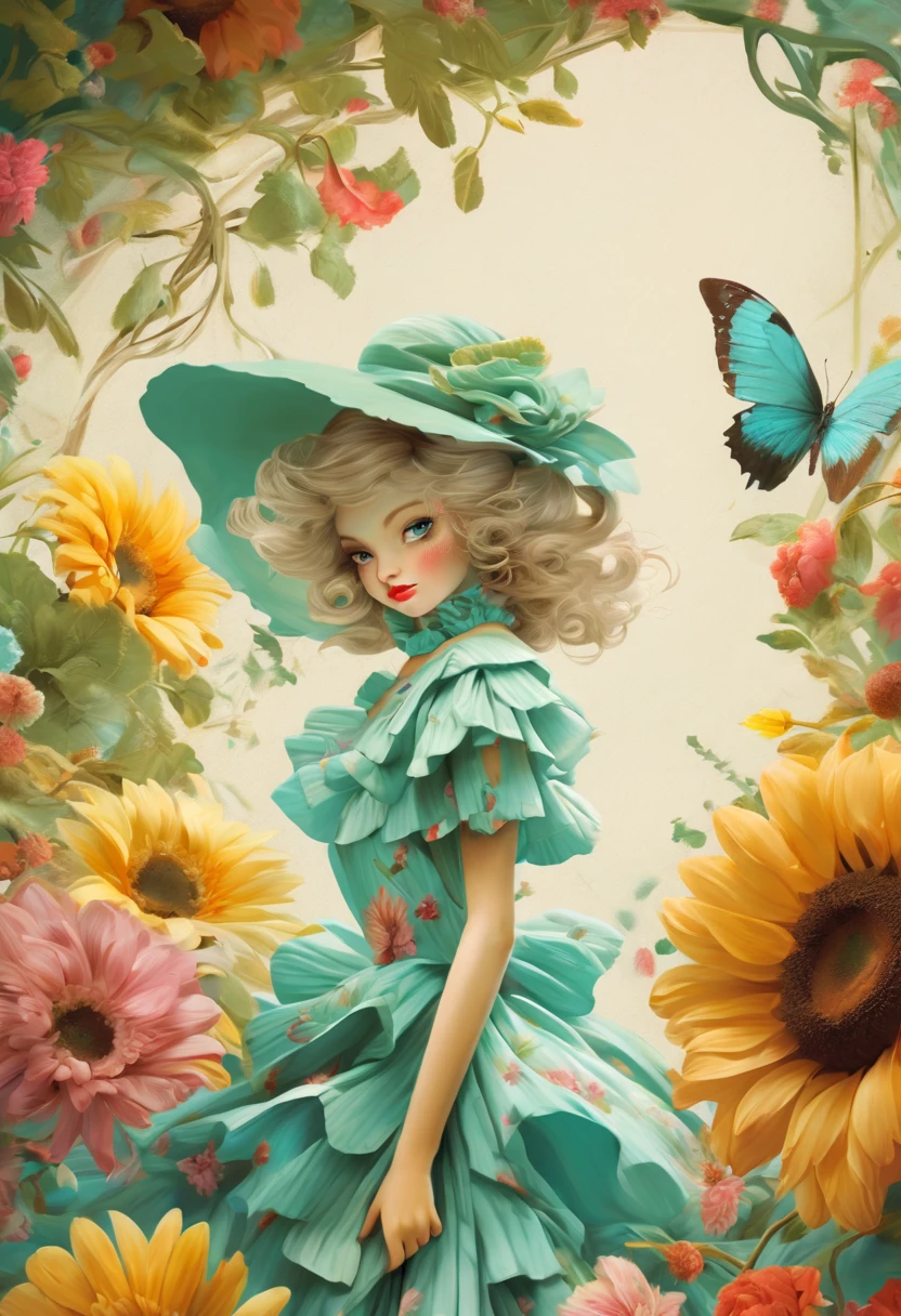 Garden background. Fairytale, vintage style, floral wallpaper. Flowers by Coby Whitmore, Ray Caesar, Lichtenstein, Fragonard, Alberto Seveso. Oil painting heavy strokes, best quality. Flower dress, ruffled flower petal collar. Vogue fashion illustration. Perfect face, detailed turquoise eyes, detailed pupils, joyful expression, wavy hair. Dramatic lighting, deep shadows, chiaroscuro. By Maya 🦩