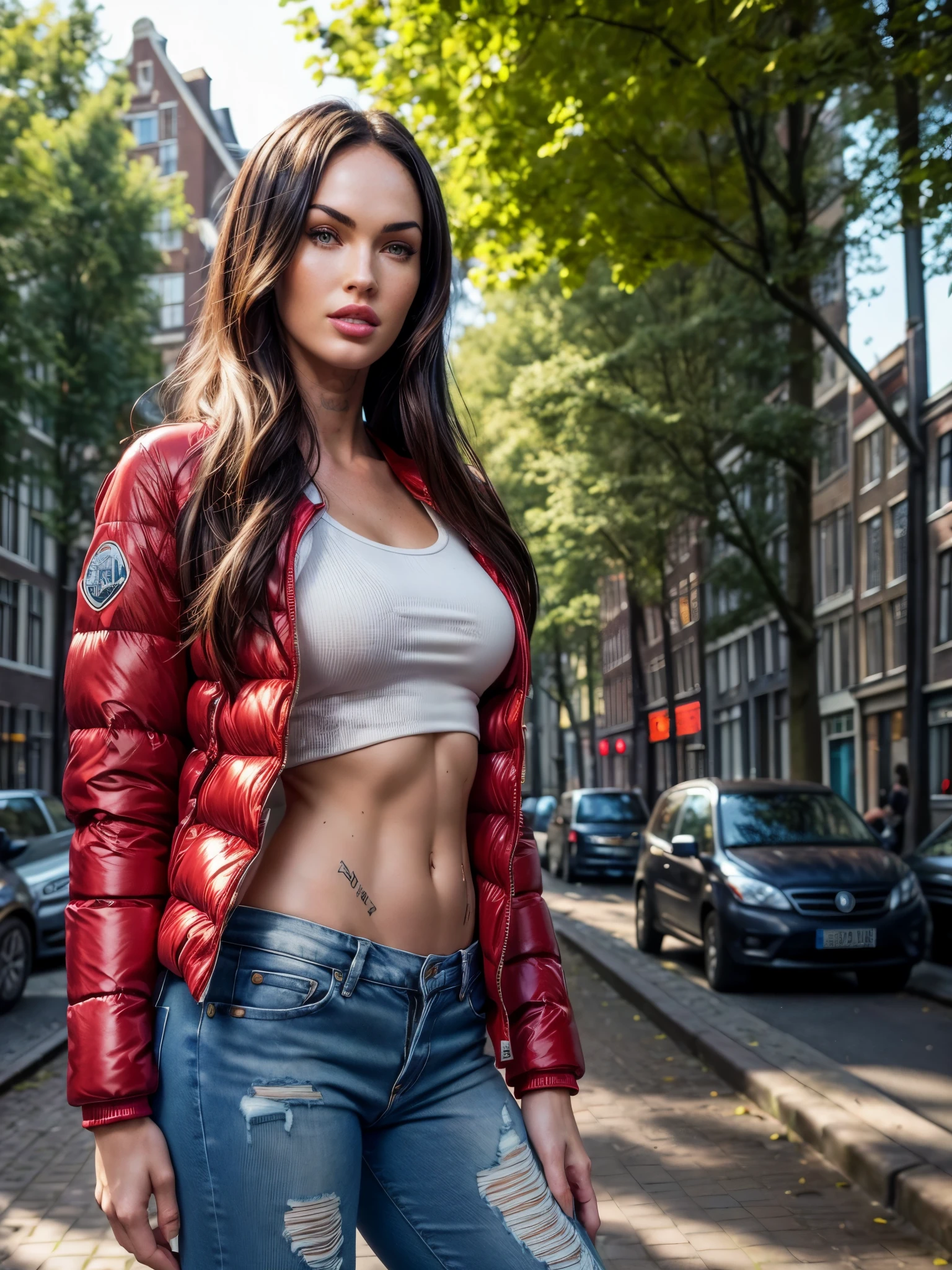 a gorgeous woman (Megan Fox),, masterpiece, best quality, (photorealistic:1.4), (RED SOFT PUFFER JACKET:1.25), (white tank top:1.1), (blue ripped jeans:1.2), background posing in Amsterdam, red light district Amsterdam, green trees, beautiful flowers, sunny day, cinematic light, beautiful woman, skinny, straight brown hair, detailed face, photo taken from a distance