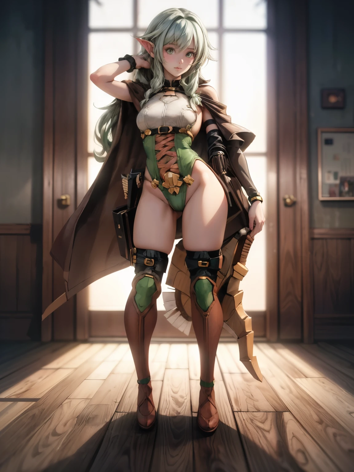 ((masterpiece)), (best quality),, official art, extremely detailed CG unity 8k wallpaper, highly detailed, shiny skin, Depth of field, vivid color,, 1girl, (curvy:1.0), (full body:0.8), portrait sophie mudd, casual pose, gorgeous young model, cute young woman, a beautiful -aged girl, very pretty model, young , cute young girl, beautiful young girl, beautiful model, long light green hair, young and cute girl, girl, High Elf Archer, Goblin slayer anime, High Elf Archer from anime, anime, wearing brown cape, holding BOW in her hand, bow is on her back, stack of arrows, archer, shy, short, full body view, single person, only single person in image, fullbody view
