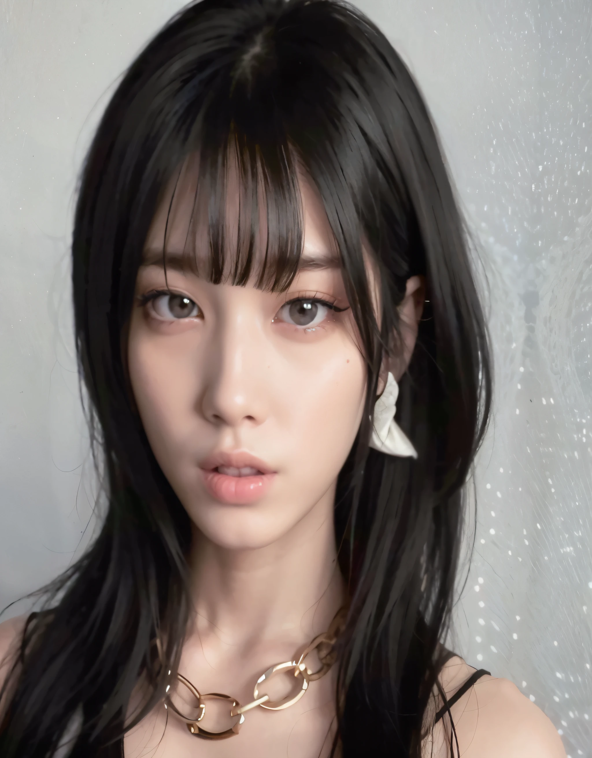 Un primer plano de una mujer con cabello largo con un collar, she has black hair con flequillo, con pelo largo y ojos penetrantes, neat hair con flequillo, long black hair con flequillo, peinado de corte hime blanco, long hair con flequillo, long dark hair con flequillo, con flequillo, maquillaje popular de corea del sur, maquillaje coreano popular, pelo cortado hime negro