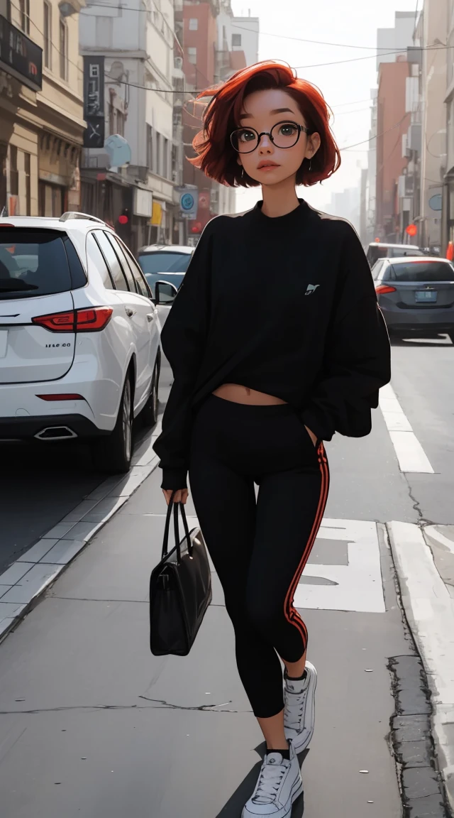 A girl with red very short hair in a black sweater, black pants, sneakers and black glasses
