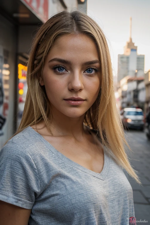 a 25 year old blonde European woman, con ojos azul grisaceos, mirada sexy, poros detallados de la piel, piel grasa, golpe de sol, detalles intrincados de los ojos, cuerpo entero, pechos grandes, Color brillante, camisa masculina con un hombro fuera, short, (uso de estilo callejero: 1.2), (fondo de la ciudad: 1.2), cinematic light, high resolution, paseando por la ciudad de noche