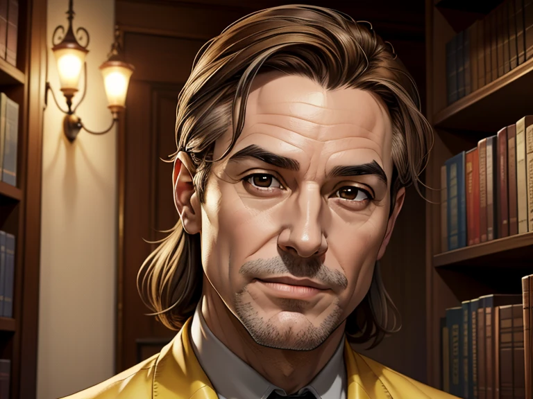 masterpiece, best quality, realistic, 1man, mature male, quiet and charming man, 44 year old, a smirk, closed mouth, pale skin, portrait, extremely detailed face, cold and smirk, thin face , ((small brown eyes)), ((chestnut brown hair with gray streaks)), [thick eyebrows], yellow outfit, ((President)), dim light, evil, Library background