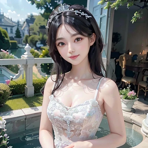 highest quality, ultra nothing, realistic, Photo of one beautiful woman, detailed face, Beautiful black hair, (detailed porcelain dolls,white dress with detailed details), Mansion Pool, (Beautiful style from the chest up), fascinating look, looking at the viewer, happy smile, Bright lighting,